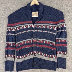 Hollister Cardigan Sweater Men Small Blue Shawl Collar Aztec Southwestern Office